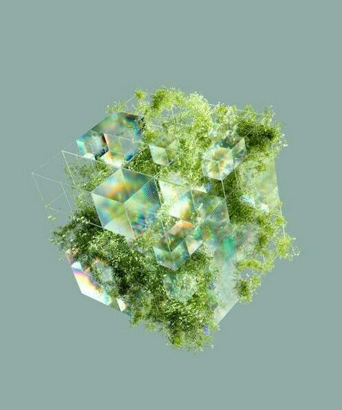 A digital abstract cube interwoven with lush greenery, symbolizing sustainability and technology.